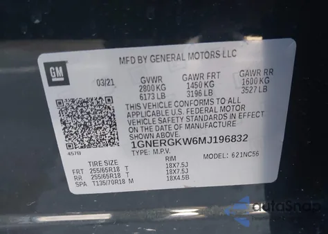 2021 Chevrolet Traverse Fwd Lt Cloth из США, поврежденный, VIN 1GNERGKW6MJ196832